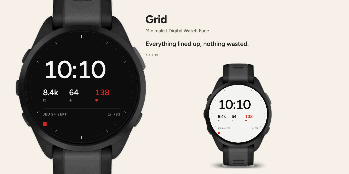 Grid Garmin watch face, Minimalist Digital Watch Face