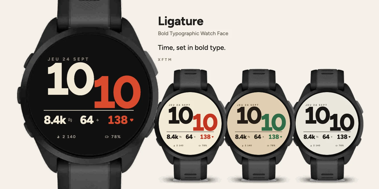 Ligature Garmin watch face, Bold Typographic Watch Face
