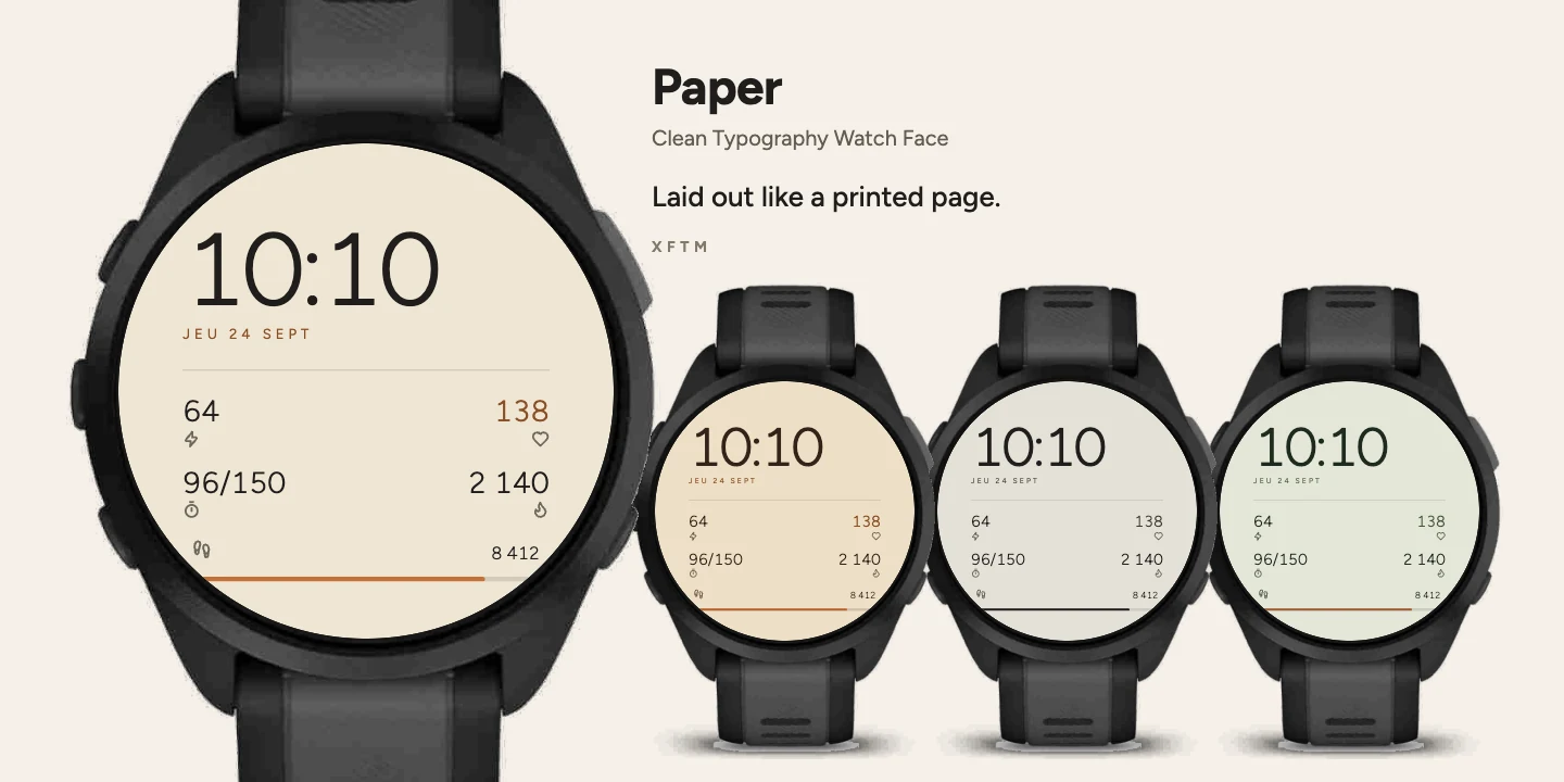 Paper Garmin watch face, Clean Typography Watch Face